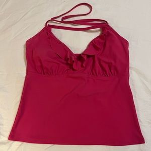 Hot pink ruffled halter tankini swim top Lands End